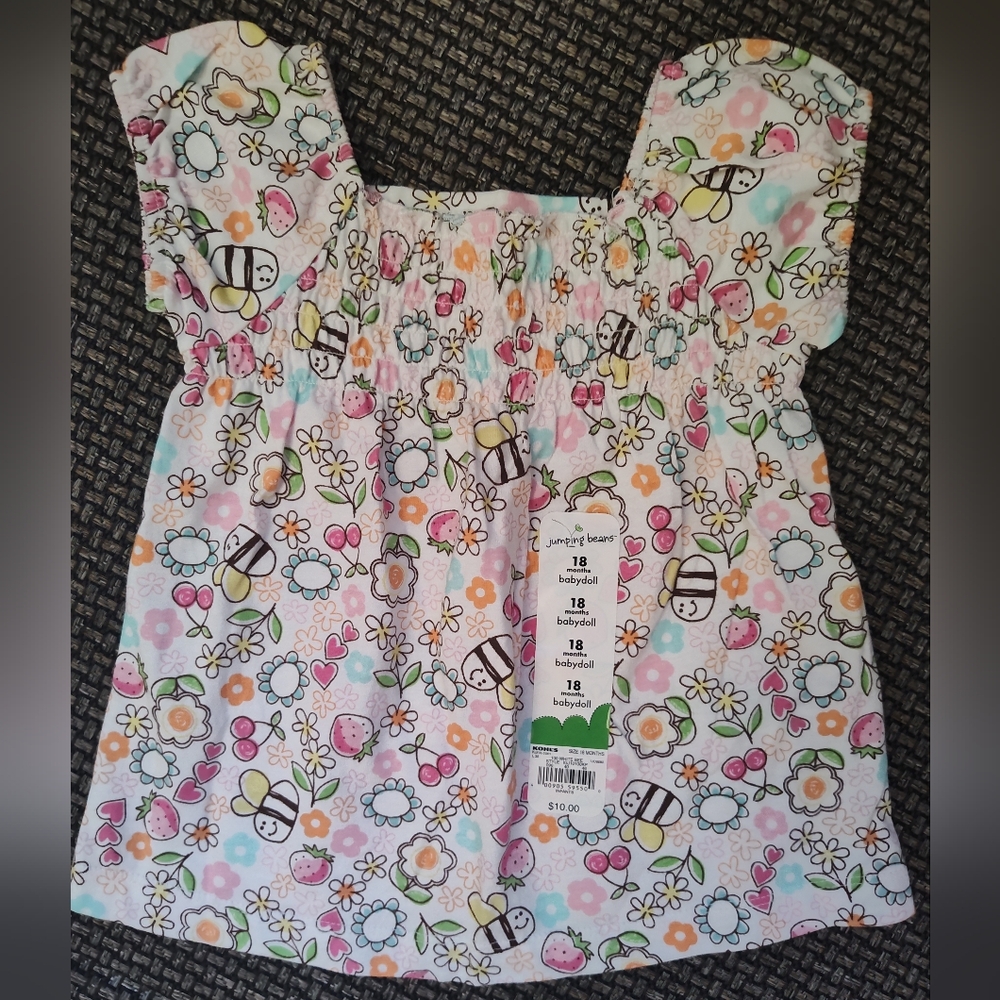 NWT Jumping Beans 18 mo Multi-colored babydoll Top With Cherries, Bees, Flowers